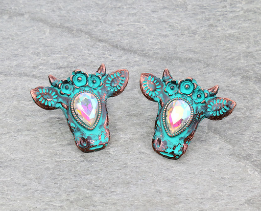 Cow Head with Glass Stone Stud Earrings