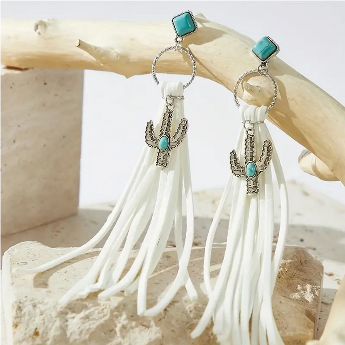 White Tassel Cactus Earrings