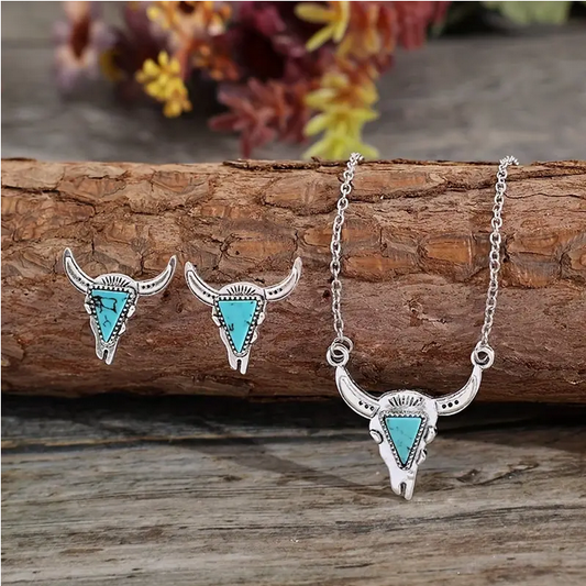 Steer Head Turquoise Necklace and Earring Set