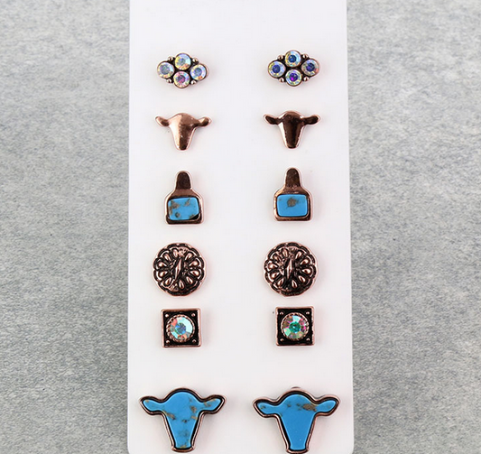 6 Pair Cow Agate & AB Stone Earring Set