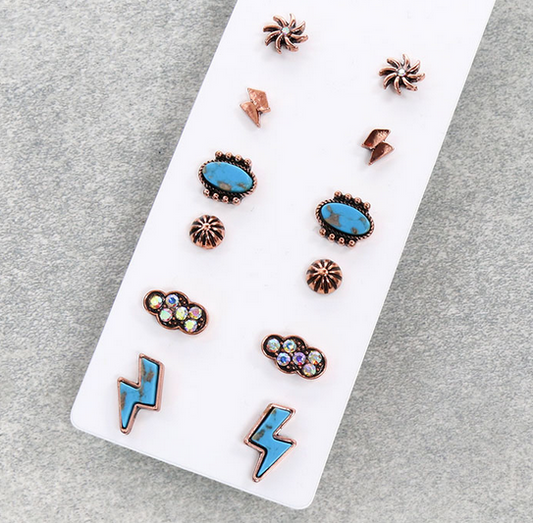 6 Pair Western Thunder Stud Earring Set