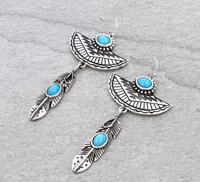 Western Aztec Style Feather Dangle Earrings