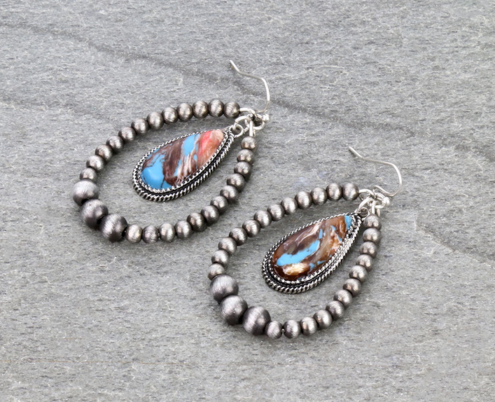 Navajo Style Pearl with Teardrop Stone Dangle Earrings