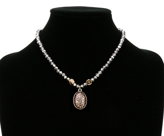 Leopard Oval Pendant with Glass Bead Necklace