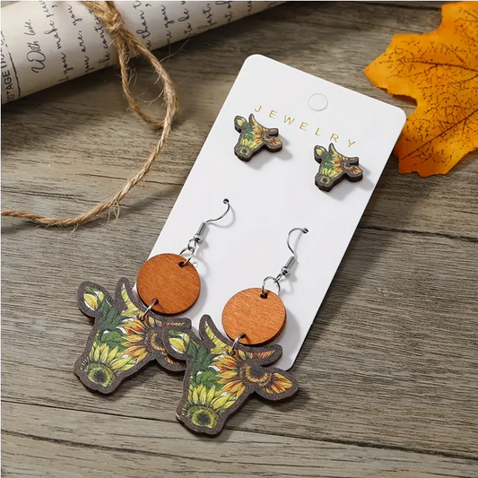 2 Pair Sunflower Steer Head Earrings