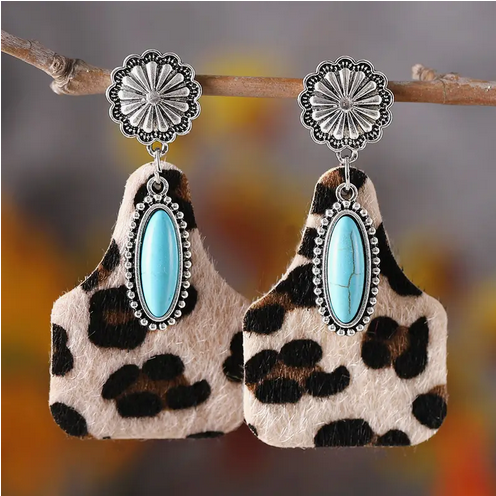 Tan Leopard Cattle Tag Earrings