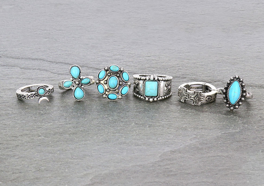 6Pc Western Design Stone Stretch Ring Set