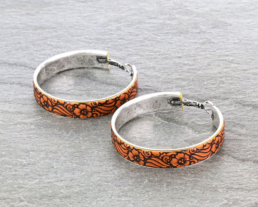 Flower Leather Hoop Earrings 2″