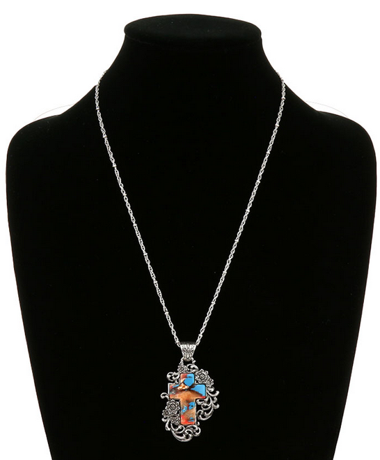 Western Flower TXR Cross Stone Necklace