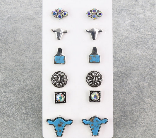 6 Pair Cow Agate & AB Stone Earring Set