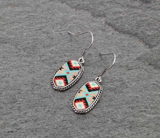 Aztec Pattern Oval Fish Hook Earrings