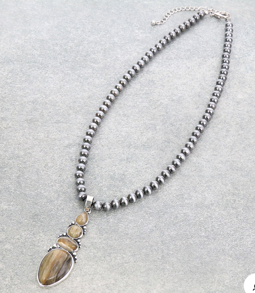 Navajo Style Pearl with Agate Stone Pendant Necklace