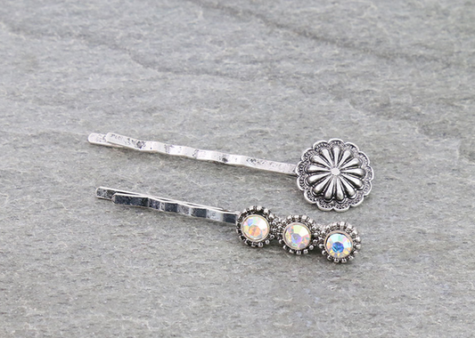 2Pcs Western Concho and Stone Hairpin Set