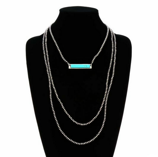 30″ Long, Multi-strand Tiny 4mm Navajo Style Pearl Necklace, Bar Natural Stone Pendant