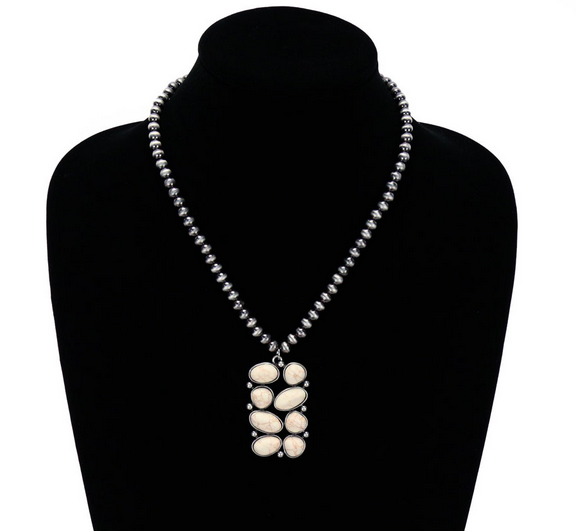 Western Geometric Stone Pendant with Navajo Style Pearl Necklace