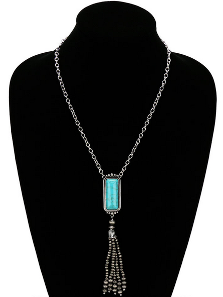 Rectangle Stone with Navajo Bead Tassel Necklace