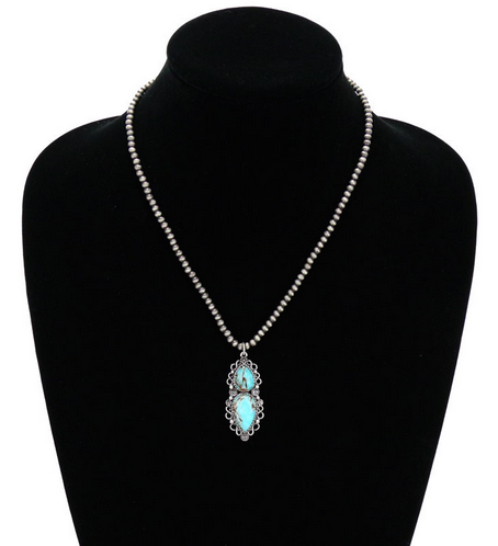 Western Navajo Style Pearl with Semi Stone Pendant Necklace