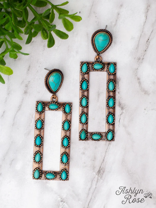 Let's Go Square Dancing Teardrop Turquoise Stone Copper Rectangle Earrings