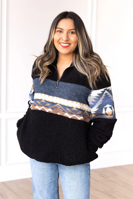 Black Half Zipper Sherpa With Aztec