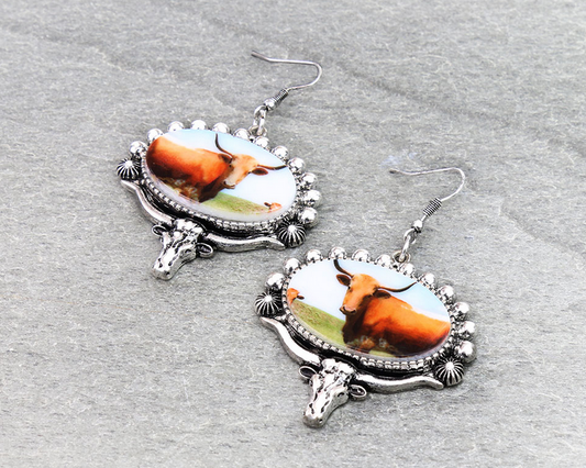 Western Cow Portrait Dangle Earrings