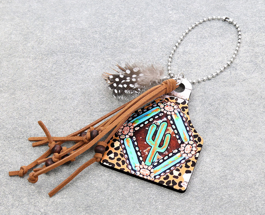 Western Leopard TQ Cactus Cattle Tag Car Ornament with Tassel & Feather
