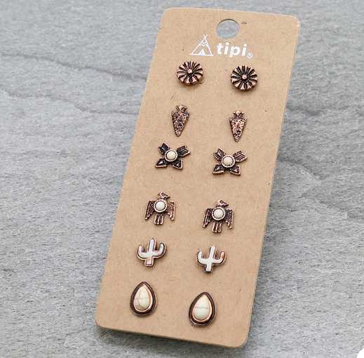 6 Pair Western Design Stud Earring Set