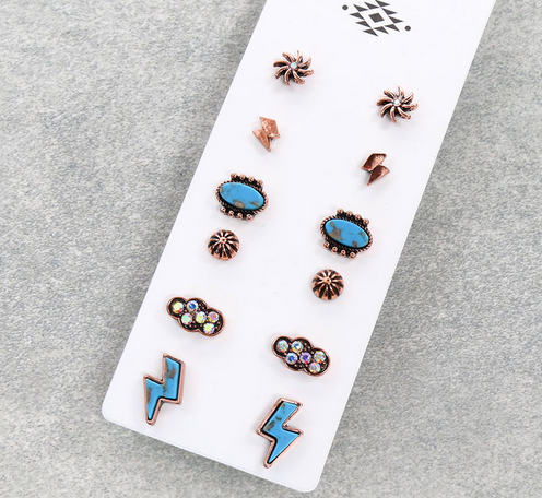 6 Pair Western Thunder Stud Earring Set