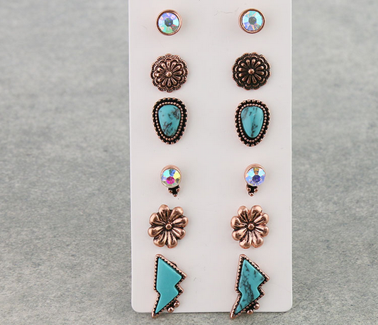 6 Pair Western Design Stud Earring Set