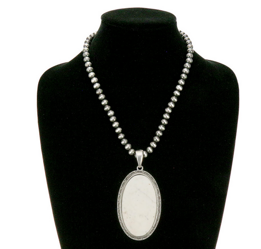 Big! 16″ Long, 8mm Navajo Style Pearl Necklace, Flat Top Natural White Stone Necklace