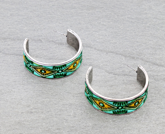 Western Aztec Tooled Leather Hoop Earrings