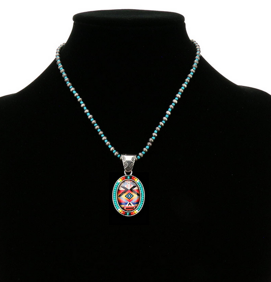 Aztec Oval with Seed Bead Pendant Necklace