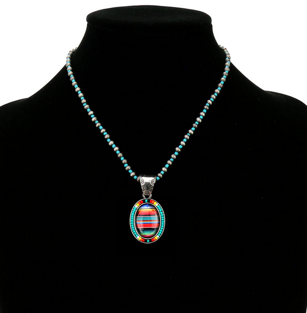 Serape Oval with Seed Bead Pendant Necklace