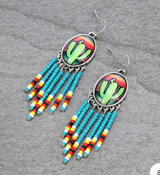 Cactus Bubble with Seed Beads Tassel Dangle Earrings