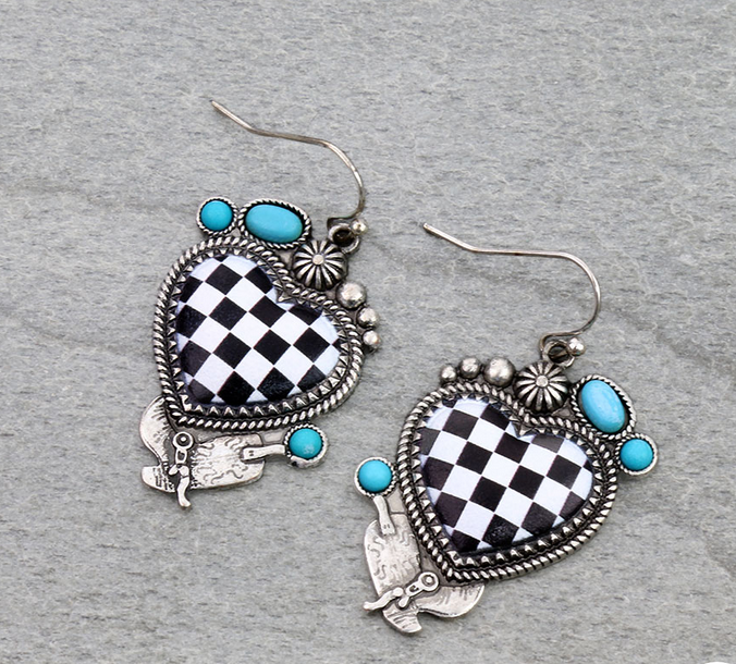 Checker Pattern Heart with Boot Dangle Earrings