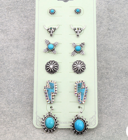 6 Pair Western Design Stud Earring Set