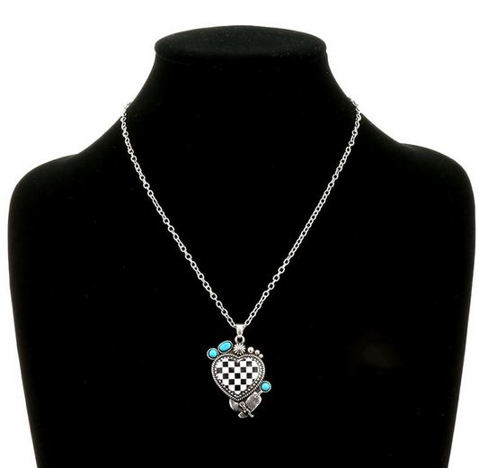 Checker Pattern Heart with Boot Necklace