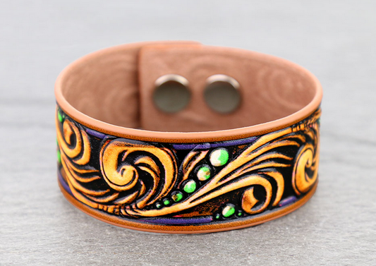 Western Tooled Leather Floral Snap Button Bracelet