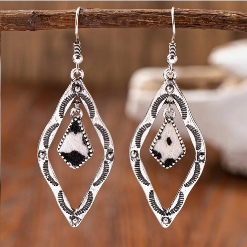 Aztec Pattern Cowhide Leather Earrings