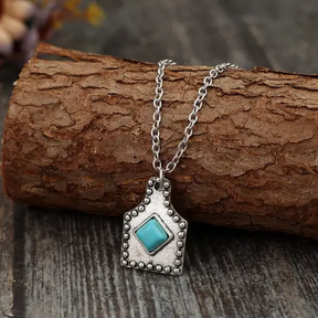 Turquoise Diamond Shape Cattle Tag Necklace