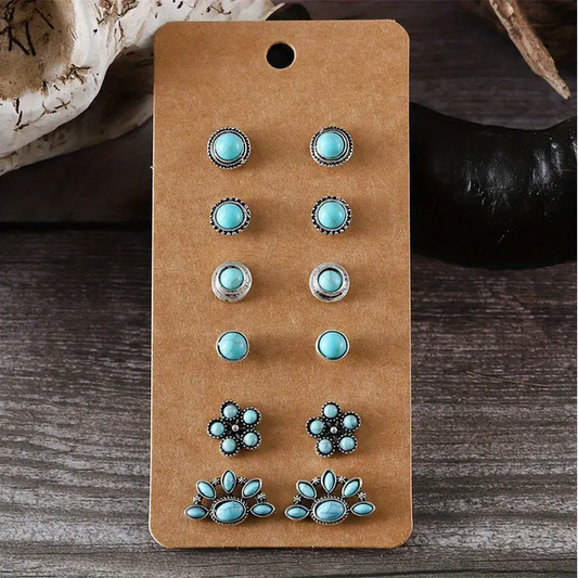 6 Pair Turquoise Stud Earrings