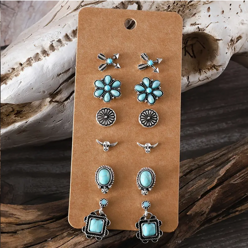 6 Pair Turquoise Stud Earrings