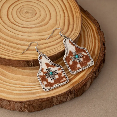 Brown and White Cattle Tag Earrings