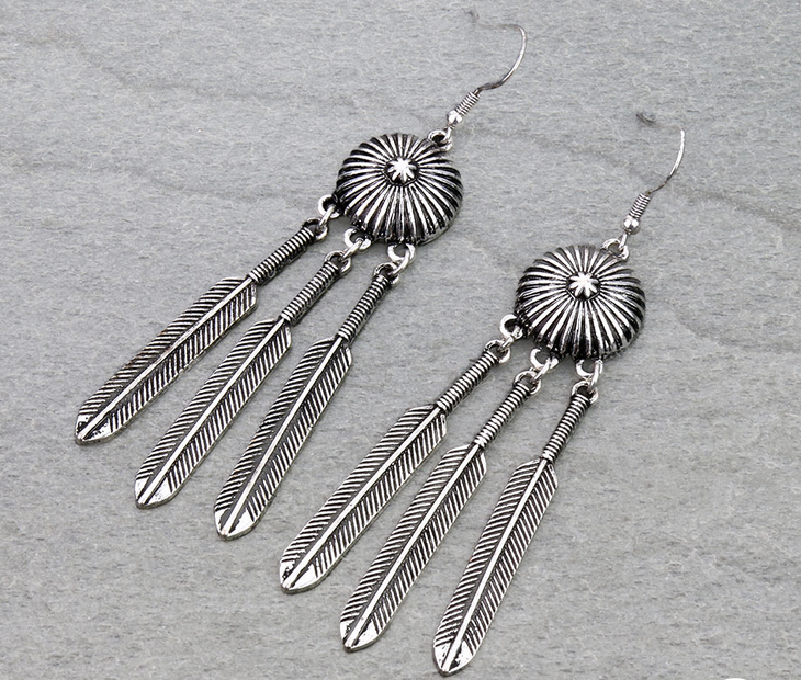 Western Concho Feather Dangle Earrings