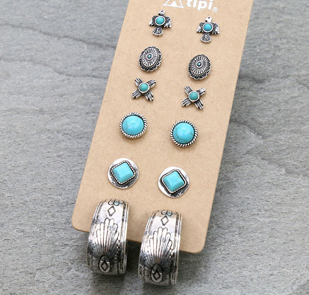 6 Pair Dainty Western Stud Earring Set