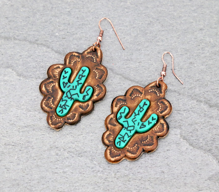 Cactus Leather Dangle Earrings