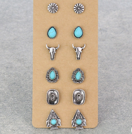 6 Pair Dainty Western Stud Earring Set