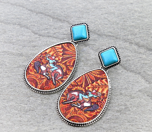 Western Cowboy Embossed Leather Stud Earrings