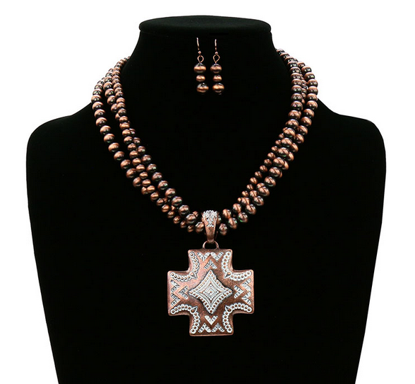 Western Navajo Style Pearl with Aztec Pendant Necklace Set