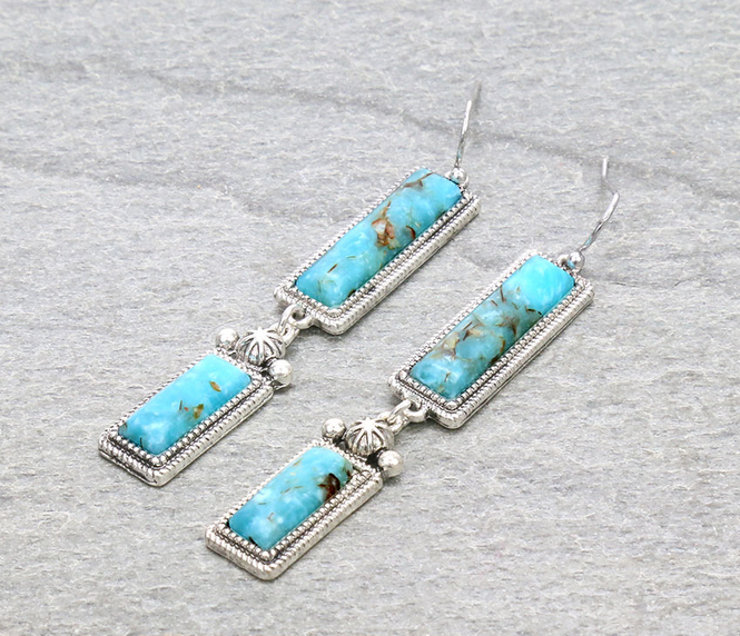 Western Hand Craft Stone Rectangle Dangle Earrings