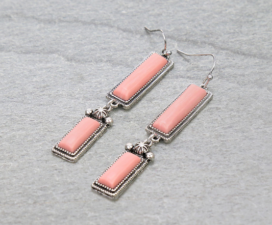 Western Hand Craft Stone Rectangle Dangle Earrings